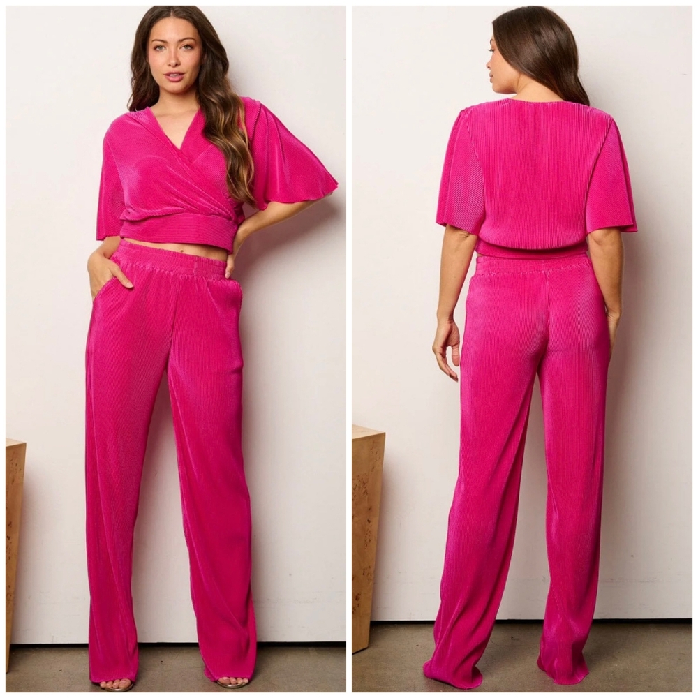 Ellison Hot Pink  Wrap Crop Top & Wide-Leg Pants Set - Picture 2 of 5